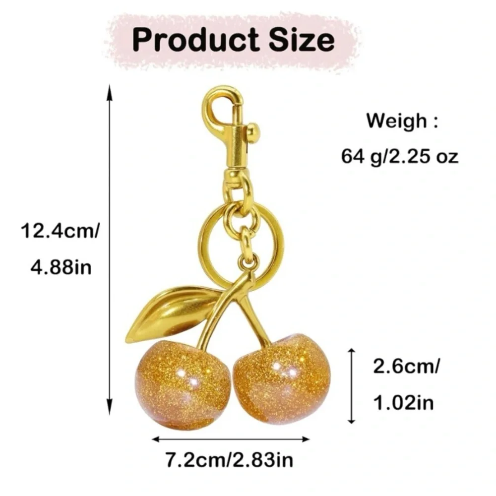 Gold Cherry Fruit Keychain Bag Charm Pendant with Pink Glitter Cherries Bling - Picture 7 of 12